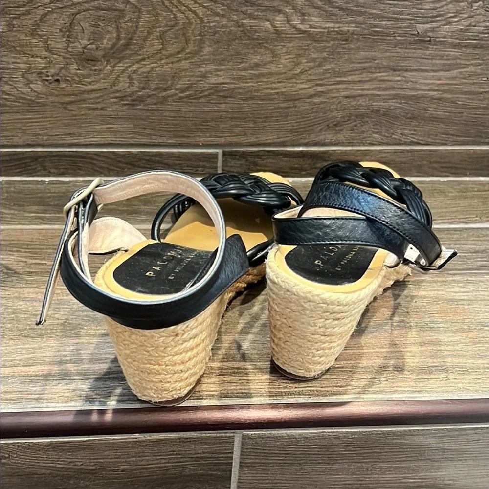 Palomitas Brand Leather Black Wedge Espadrilles with Ankle Strap